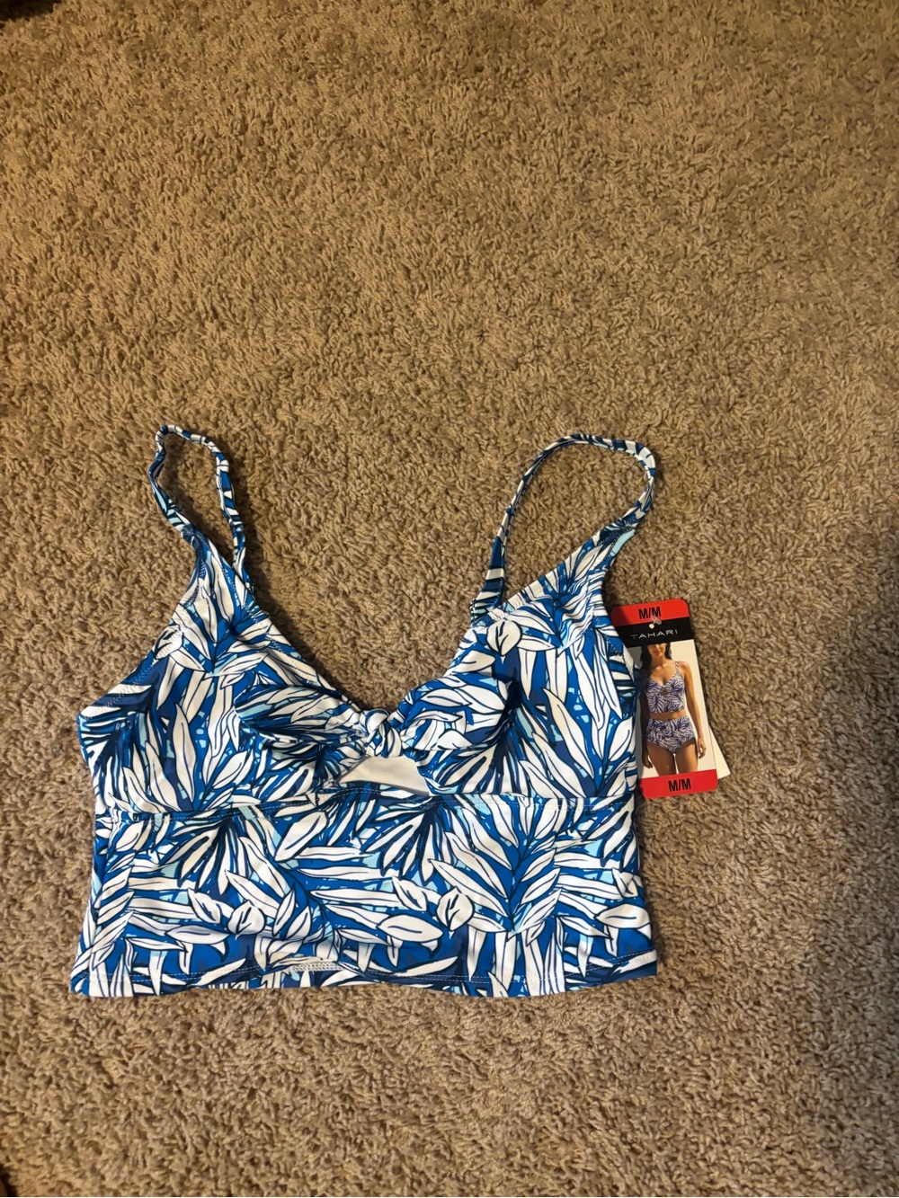 Tahari Blue and White Leaf-Print Knot-Front Swim top